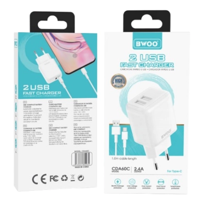 Sạc BWOO 2 cổng USB-A kèm cáp Type-C US CDA64VC 3